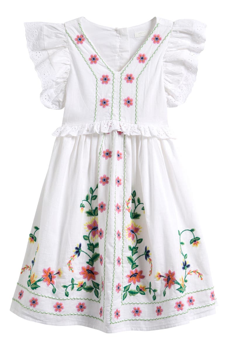 NEXT Kids' Floral Embroidered Cotton Dress, Main, color, White