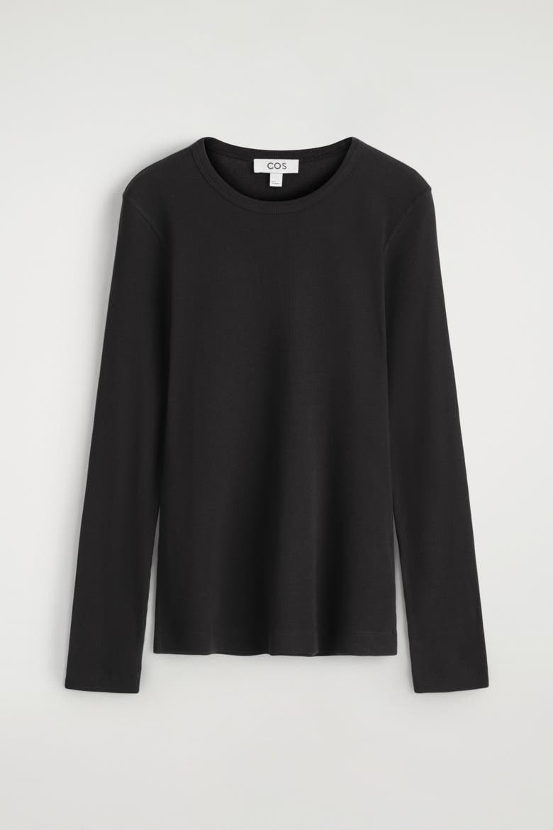 Ribbed Jersey Long-Sleeved Top, Alternate, color, BLACK