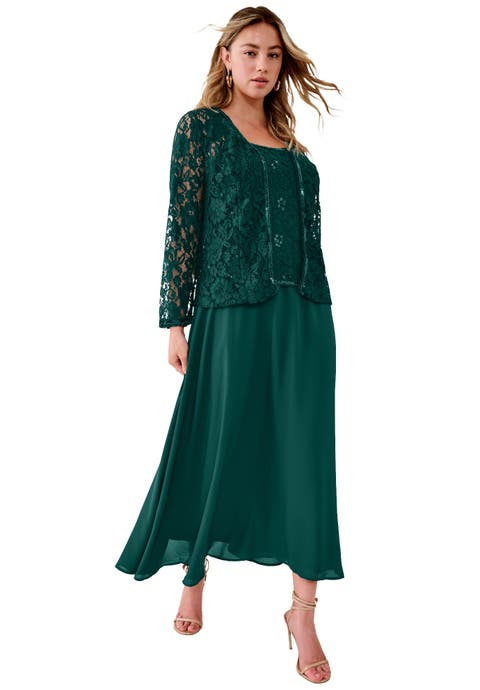 Plus-Size 2 Piece Long Sleeve Embellished Lace Jacket And Full Gown (Plus)