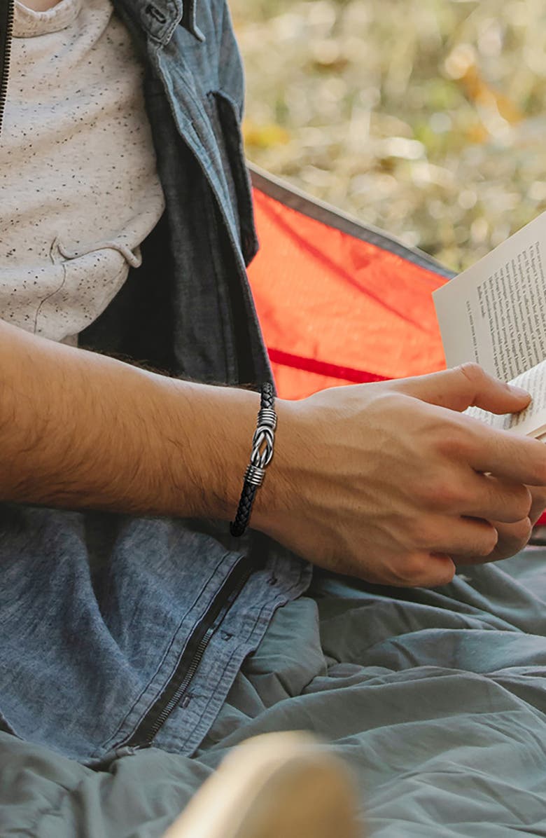 GEOFFREY BEENE Men's Stainless Steel Knot Leather Bracelet, Alternate, color, Black