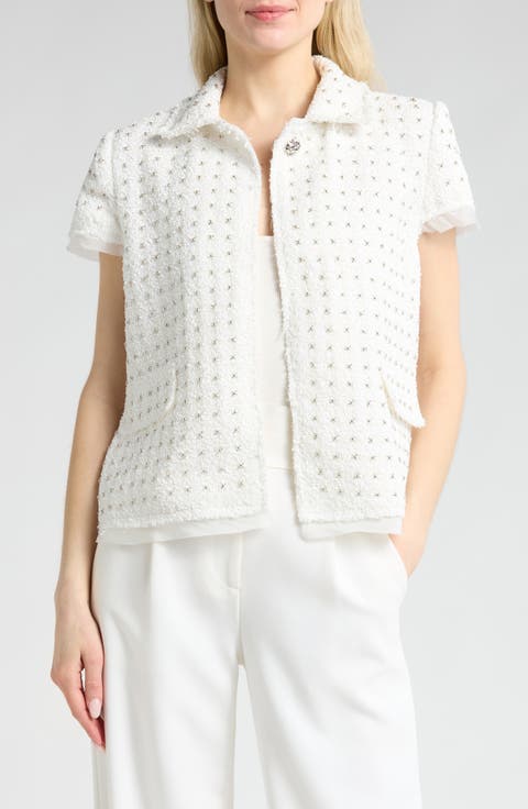 Embellished Tweed Short Sleeve Blazer