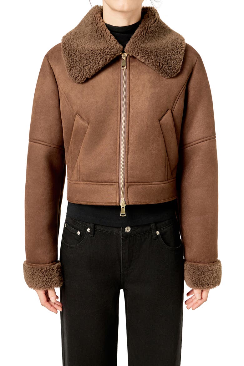 Faux Shearling Trim Moto Jacket, Alternate, color, BROWN