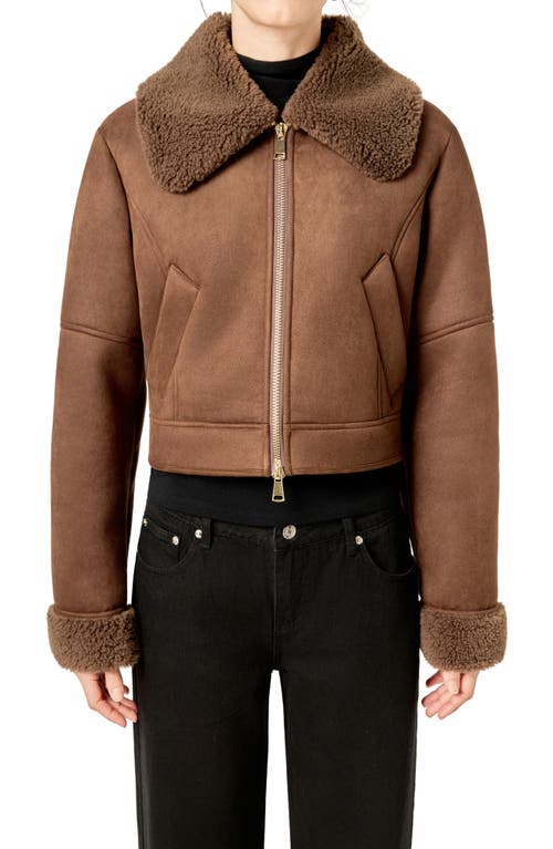 English Factory Faux Shearling Trim Moto Jacket In Brown