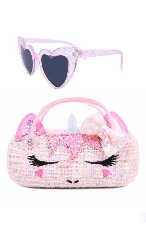 Kids' Gwen Tweed Pearl Handle Unicorn Purse & Heart Sunglasses Set (Big Kid)