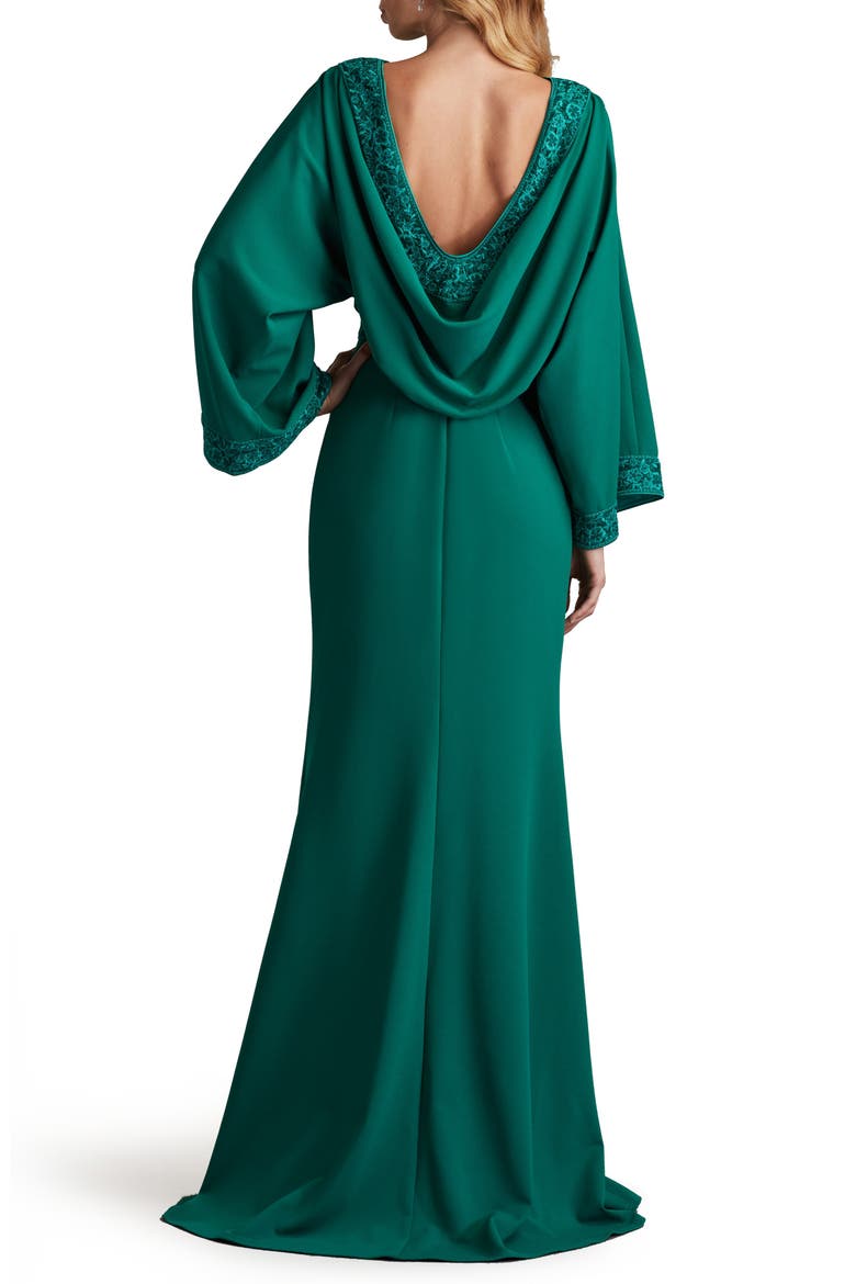 Drape Back Crepe Long Sleeve Gown, Alternate, color, EMERALD
