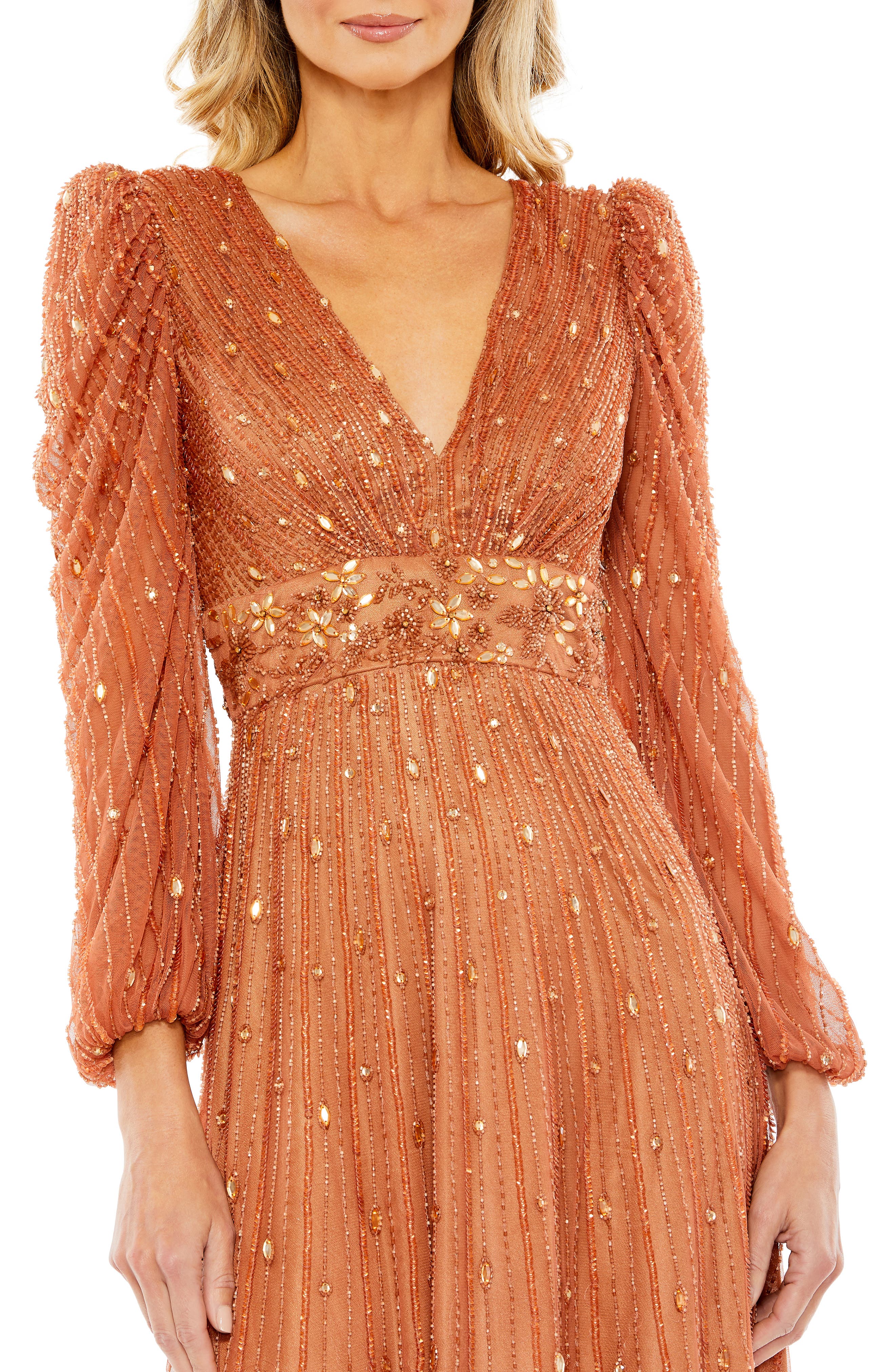 Mac Duggal Bead & Sequin Long Sleeve A-Line Dress (Women) | Nordstrom