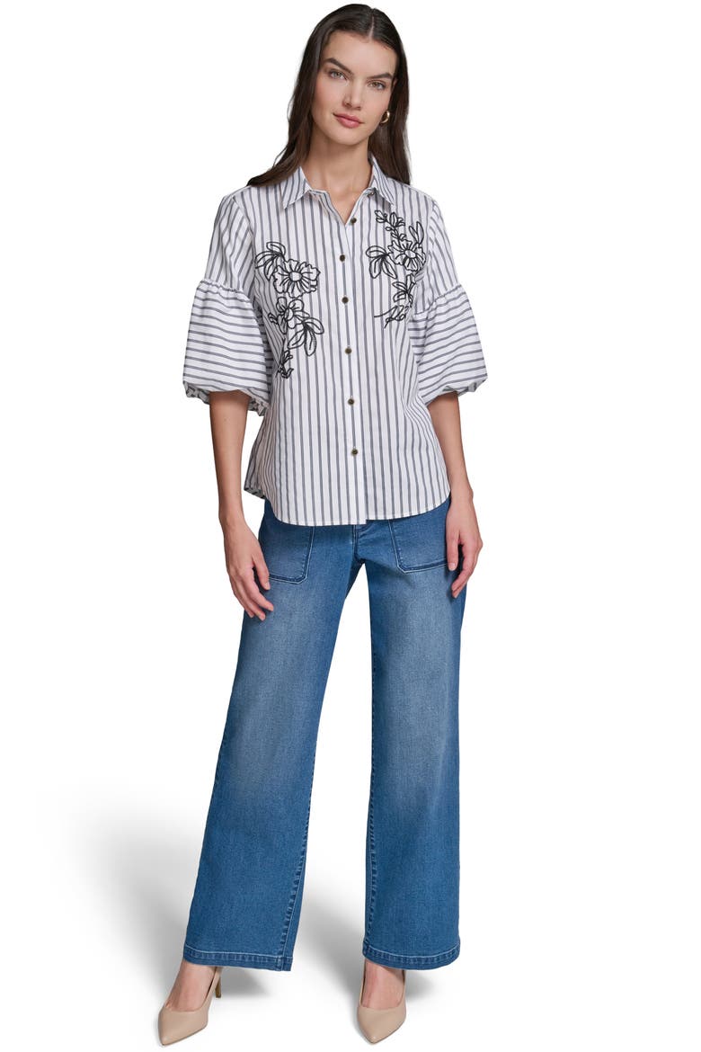 Embroidered Puff Sleeve Shirt, Alternate, color, SOFT WHITE/ MIDNIGHT NAVY