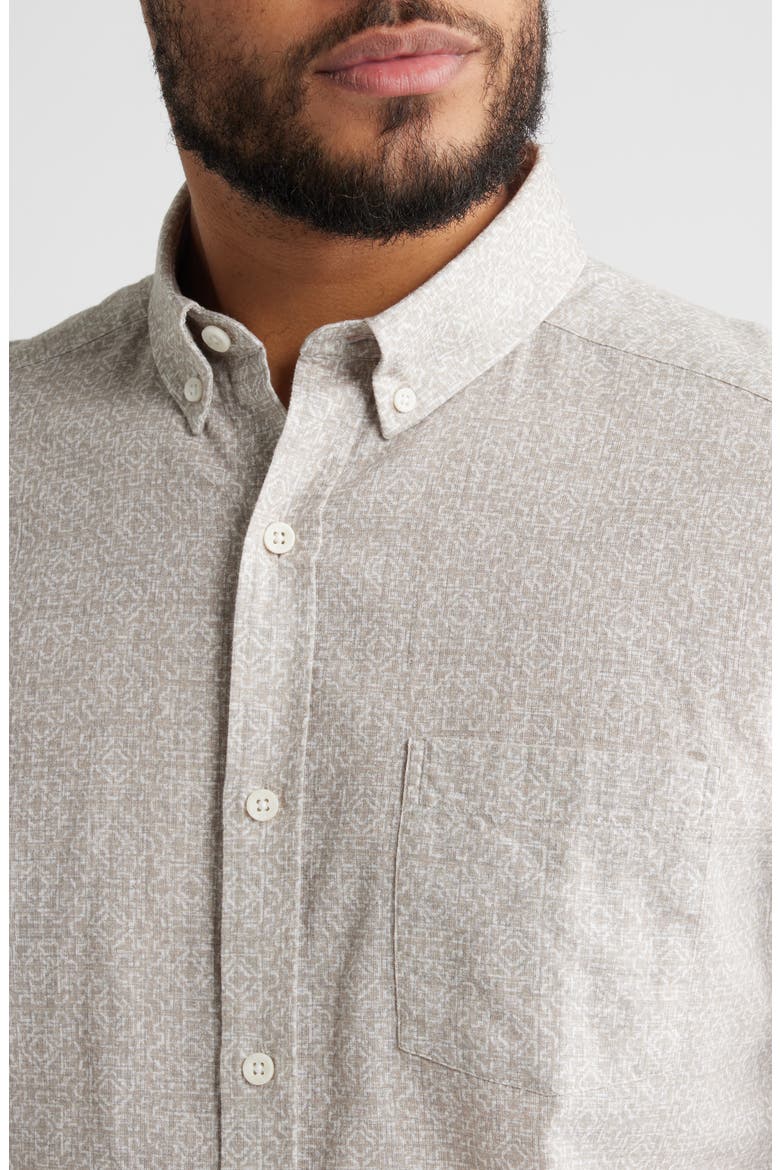 Hampton Geo Print Short Sleeve Stretch Cotton Button-Down Shirt, Alternate, color, TAN DESERT TILE