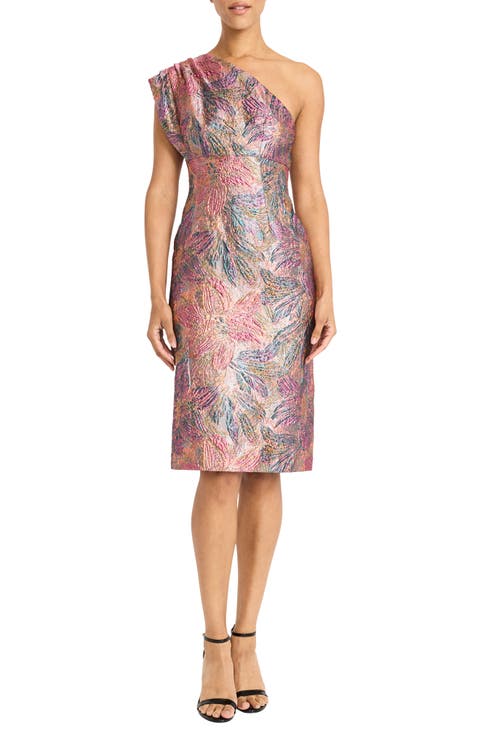 Brocade One-Shoulder Cocktail Dress