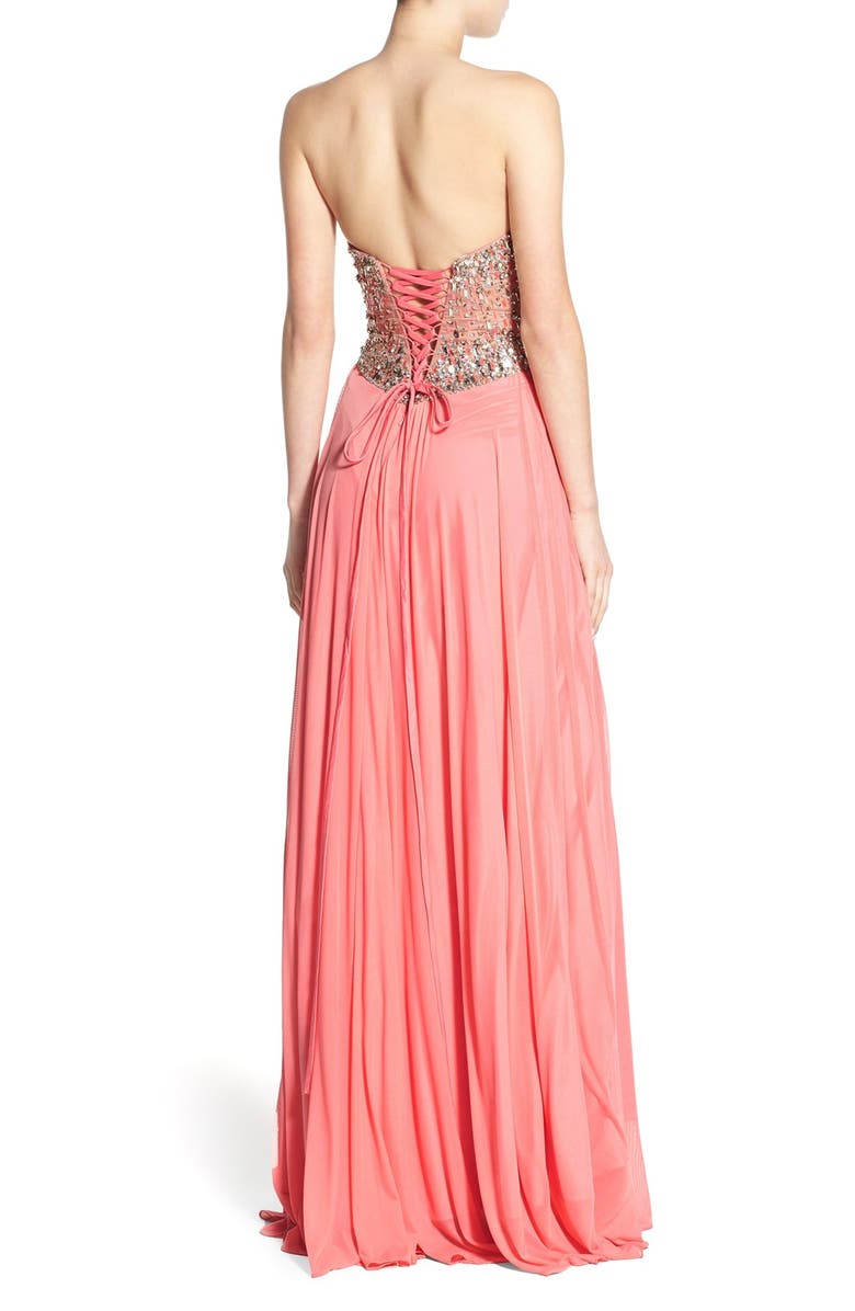 Glamour by Terani Couture Embellished Mesh Fit & Flare Gown, Alternate, color,