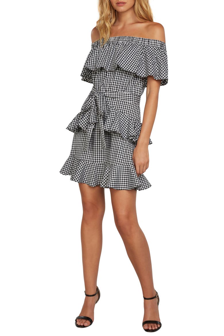 Gingham Off the Shoulder Dress, Main, color, BLACK