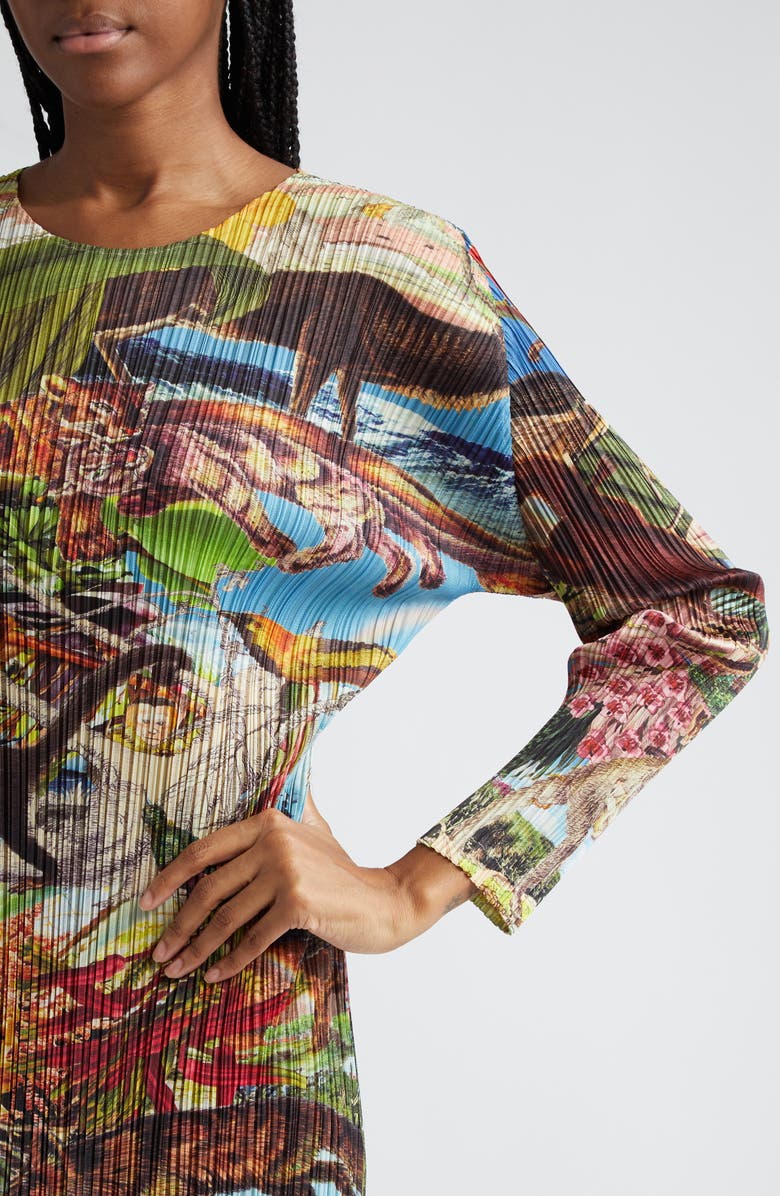 Pleats Please Issey Miyake Auroro Jungle Print Pleated Long Sleeve Midi Dress, Alternate, color, 