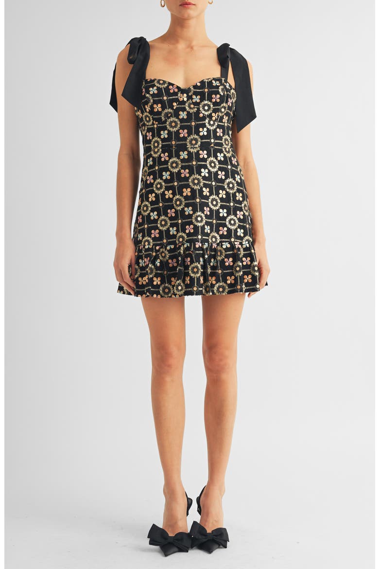 Kaylyn Sequin Embroidered Satin Bow Cocktail Minidress, Main, color, BLACK SEQUIN