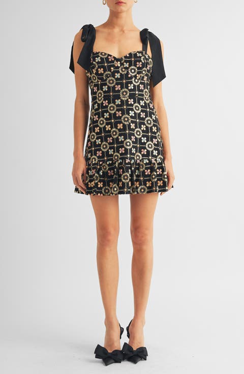 Kaylyn Sequin Embroidered Satin Bow Cocktail Minidress