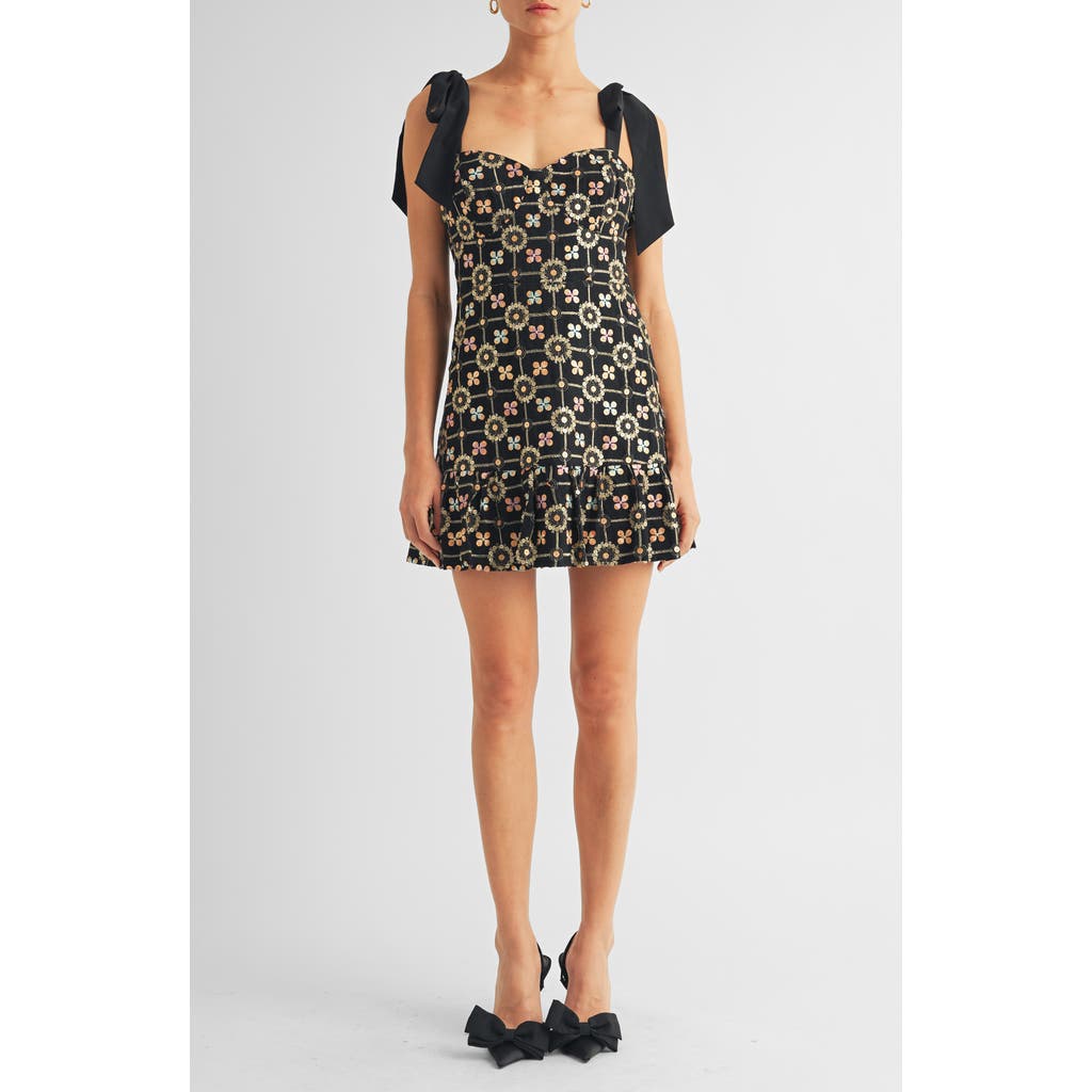 Arose Studio Kaylyn Sequin Embroidered Satin Bow Cocktail Minidress In Black