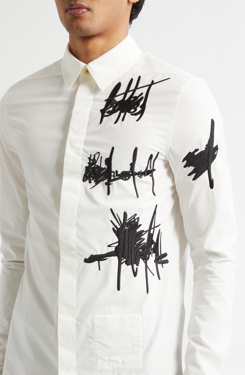 Rick Owens Rev Embroidered Button-Up Shirt, Alternate, color, Milk/ Black