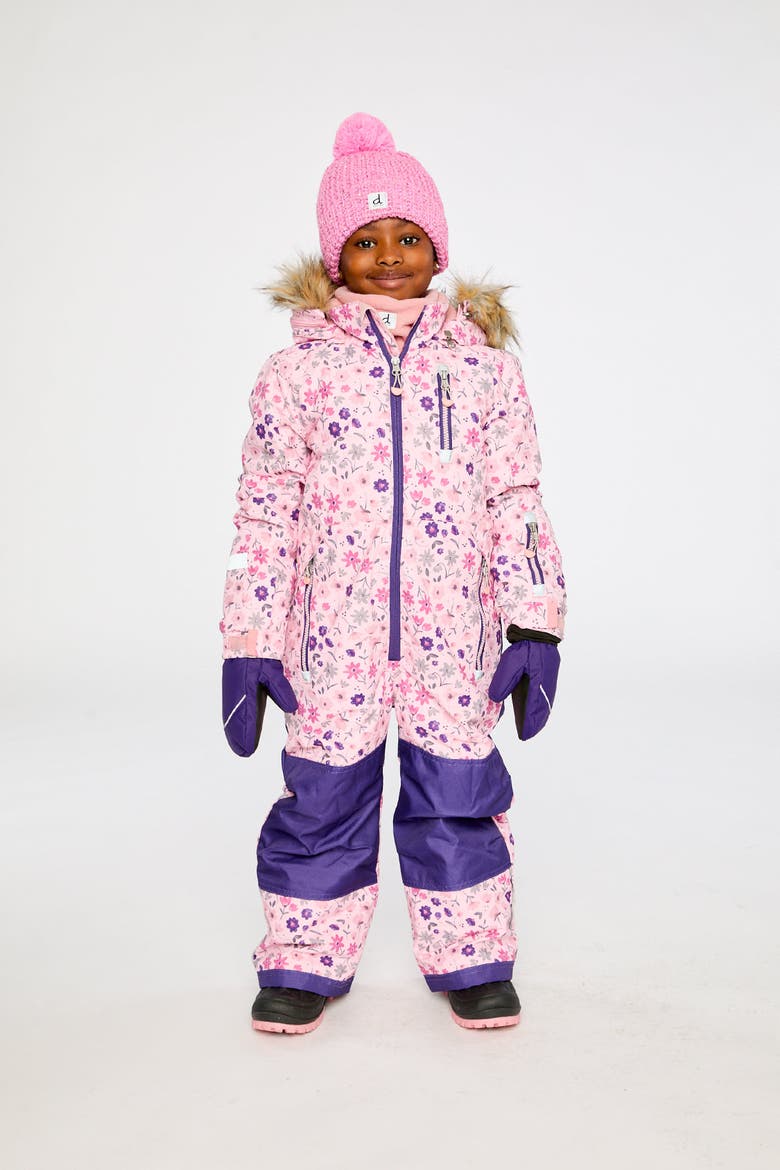 Play Flower Faux Fur Hood & Expandable Sleeve One Piece Snowsuit, Alternate, color, Pink Printed Mini Flowers