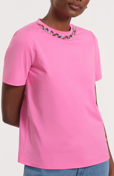 Necklace Embellished Stretch Cotton T-Shirt