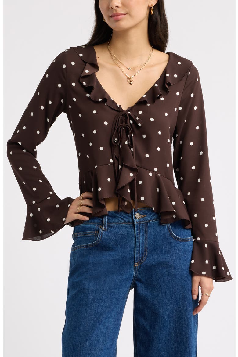 Ruffled Long Sleeve Top, Main, color, BROWN C- WHITE CASS DOT