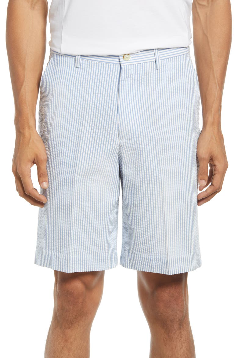 Flat Front Seersucker Shorts, Main, color, LIGHT BLUE