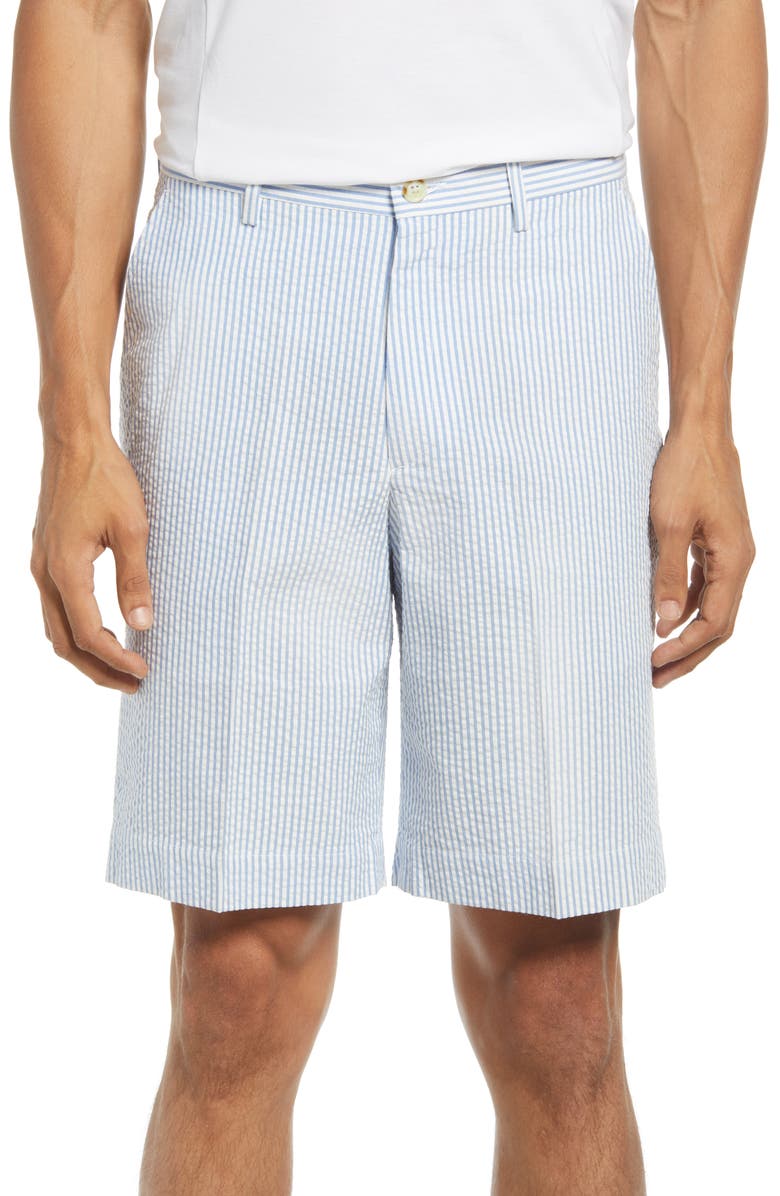 Berle Flat Front Seersucker Shorts, Main, color, Light Blue