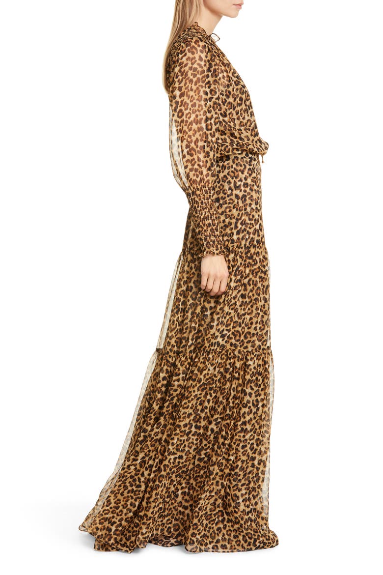 Stacia Long Sleeve Blouson Silk Gown, Alternate, color, LEOPARD