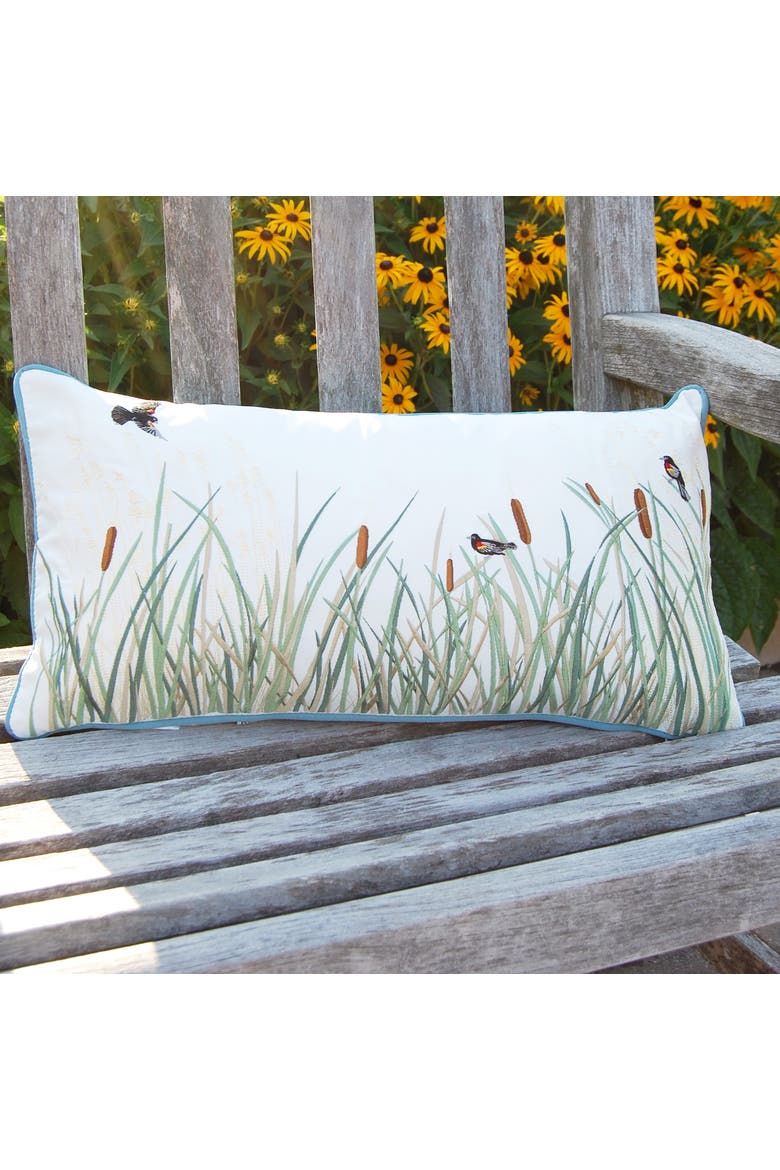 Cattails & Red Winged Blackbird Indoor/Outdoor Throw Pillow, Alternate, color, Blue