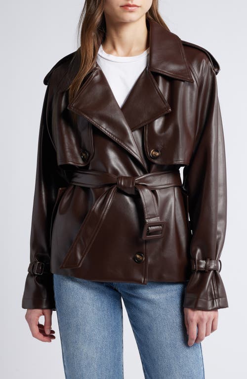 Pixie Market Tie Waist Faux Leather Trench Coat In Dark Brown
