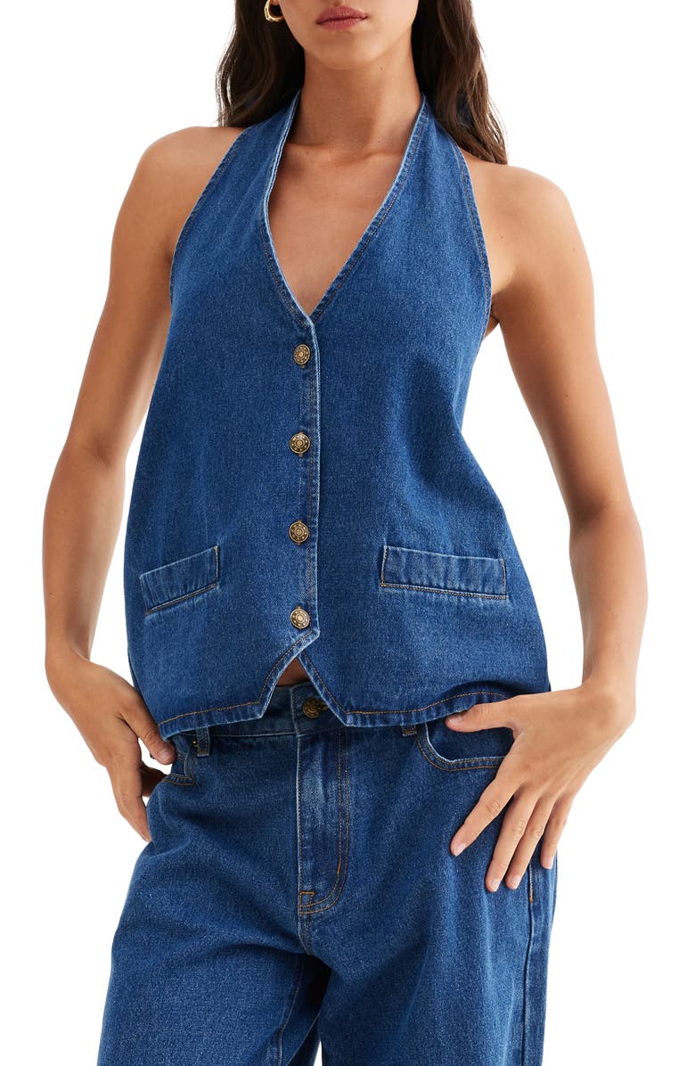 LIONESS Hill Denim Halter Top, Main, color, Dark Denim