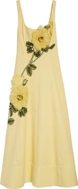 Lela Rose Peony Embroidered Appliqué Stretch Sateen Dress