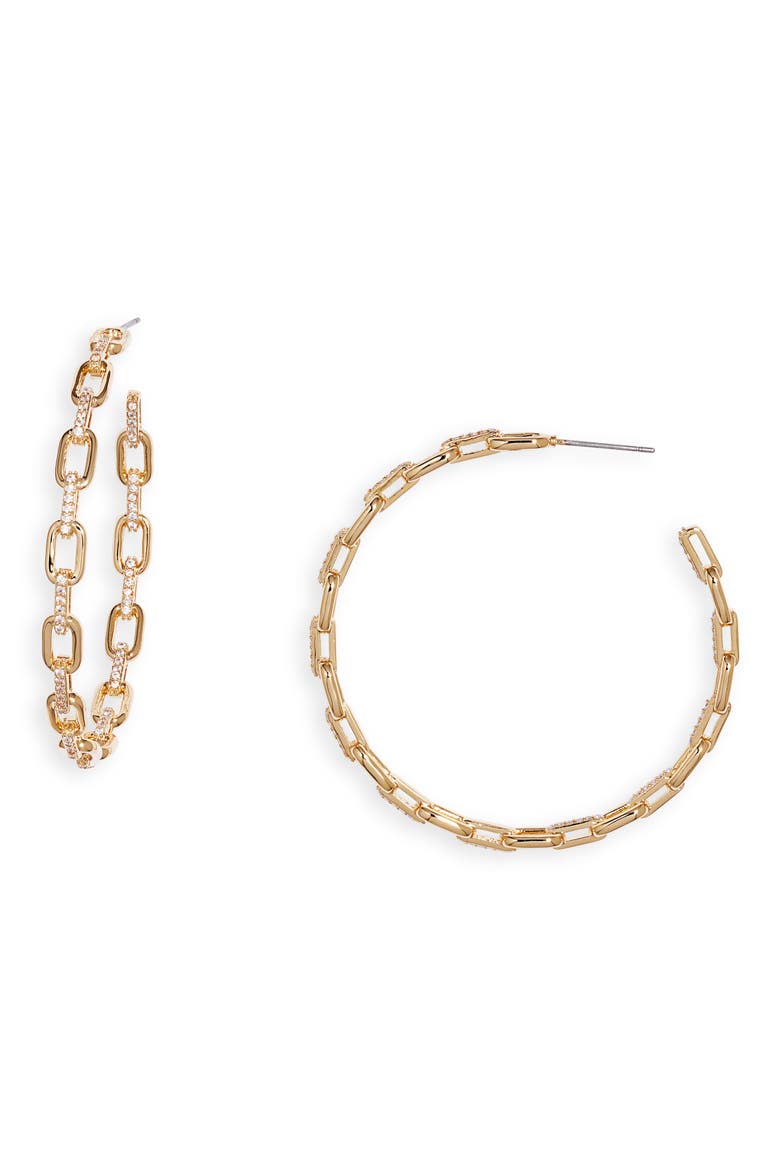 Pavé Link Hoop Earrings, Main, color, CLEAR- GOLD