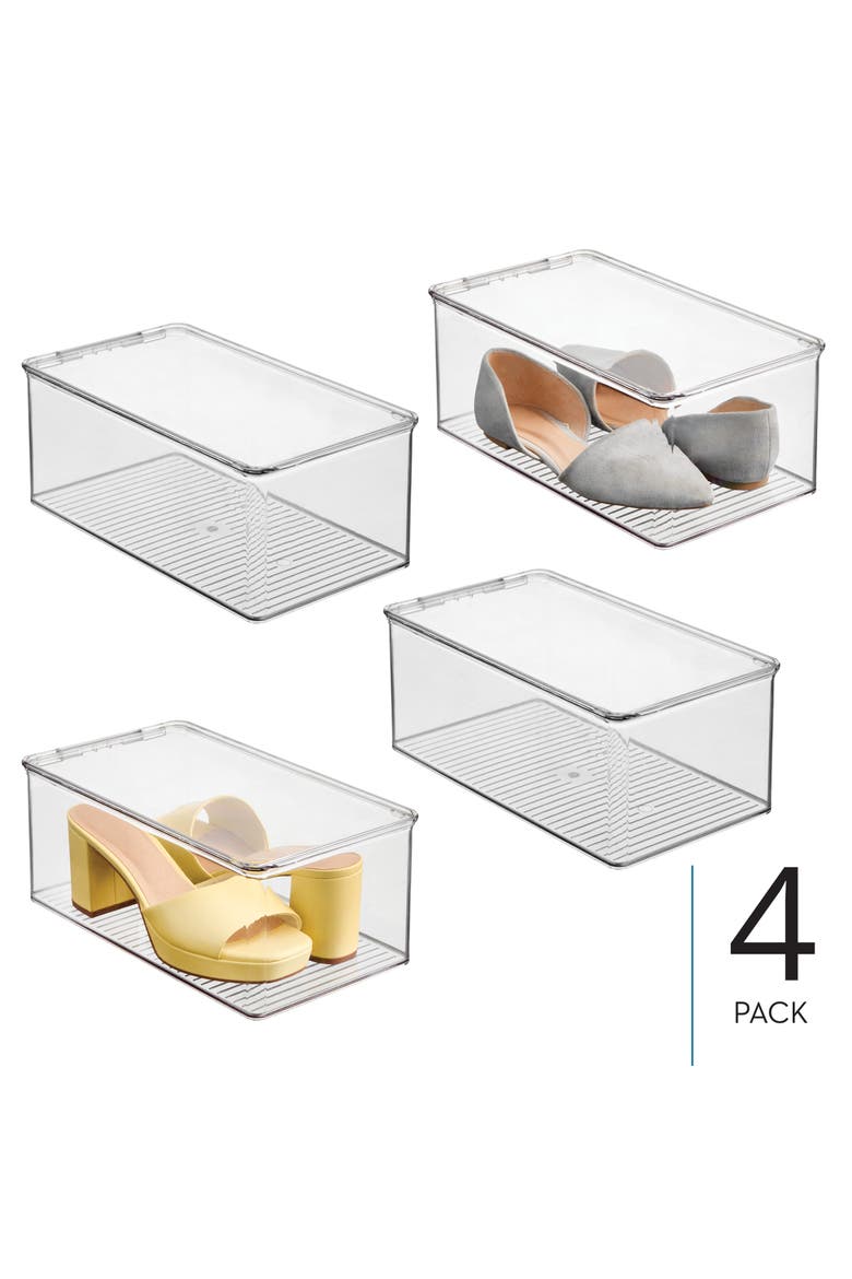 Stackable Shoe Box with Hinged Lid for Wedges, Sandals, or Flats, Set of 4, Clear, Alternate, color, Clear