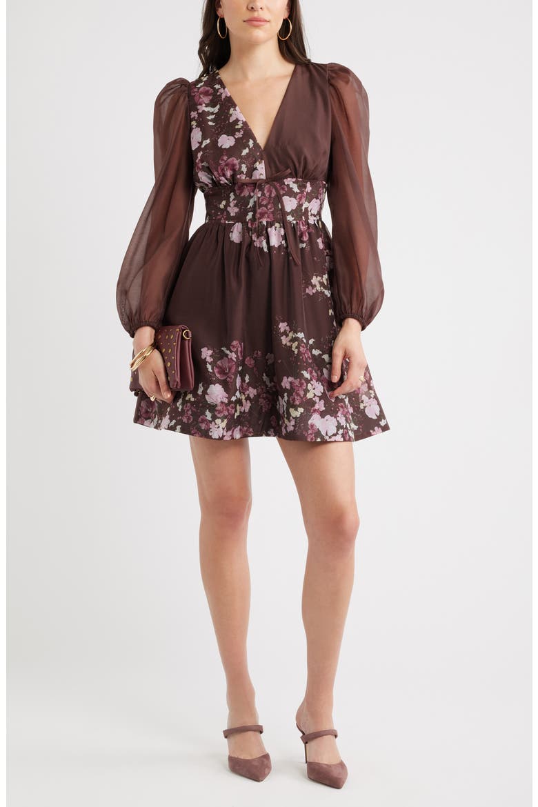 Long Sleeve Minidress, Main, color, BROWN- PINK AURORA PLACED