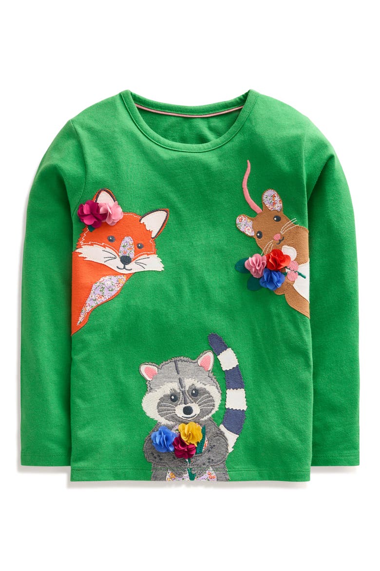Kids' Animal Appliqué Long Sleeve Cotton Graphic T-Shirt, Main, color, IGUANA GREEN WOODLAND ANIMALS