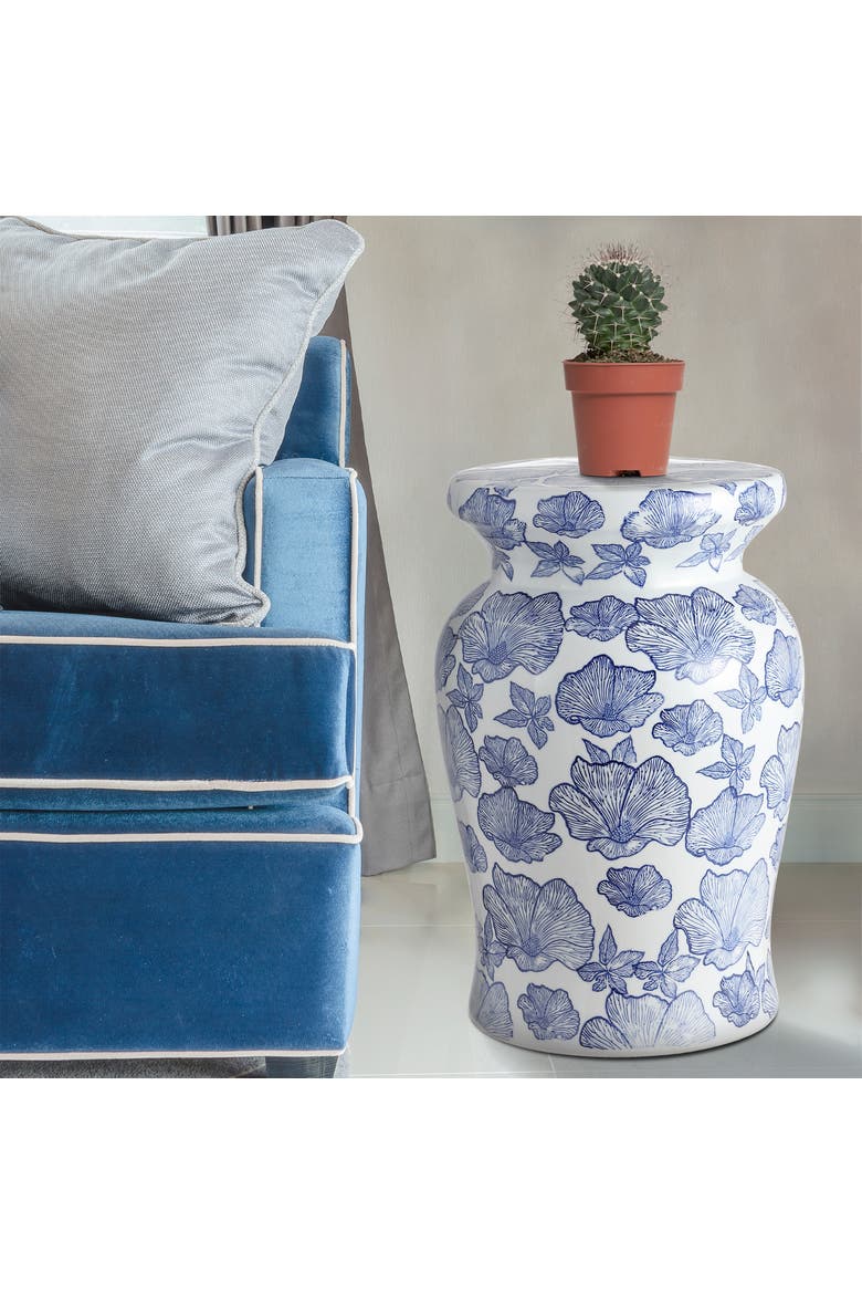 Poppies Traditional Floral Chinoiserie Ceramic Drum Garden Stool, Pierced Indoor/Outdoor Patio Seat & Side Table, Alternate, color, White/Blue