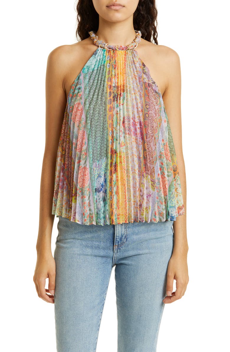 Alice + Olivia Alycia Chain Halter Neck Pleated Top, Main, color, 