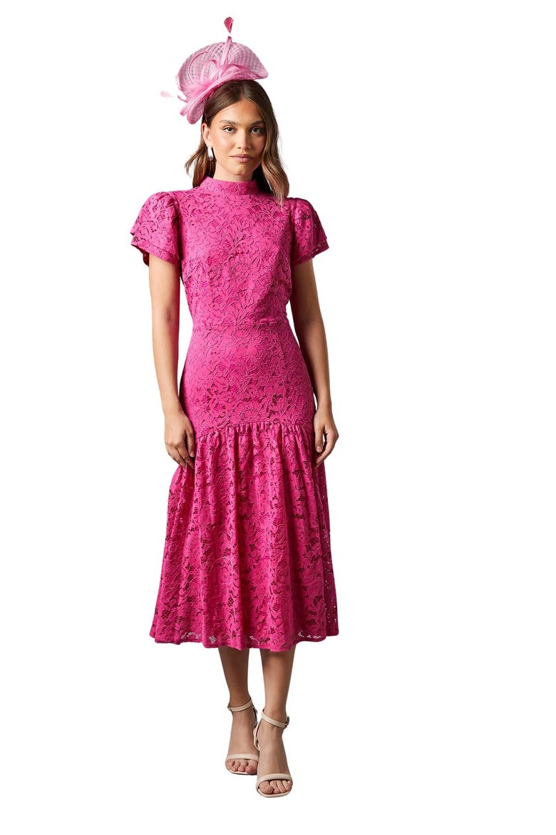 Lace Frill Sleeve High Neck Midi Dress, Main, color, Pink