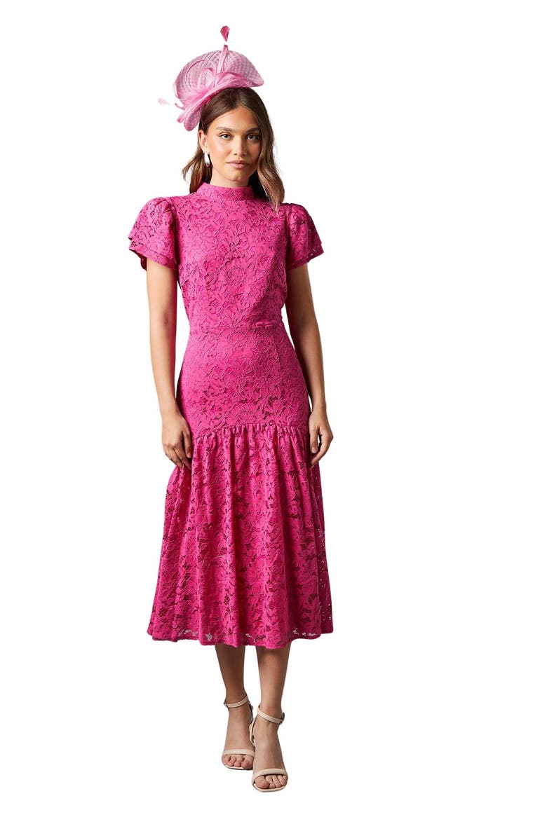 Coast Lace Frill Sleeve High Neck Midi Dress, Main, color, Pink