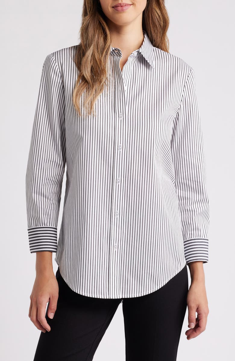 Anne Klein Stripe Cotton Poplin Button-Up Shirt, Main, color,