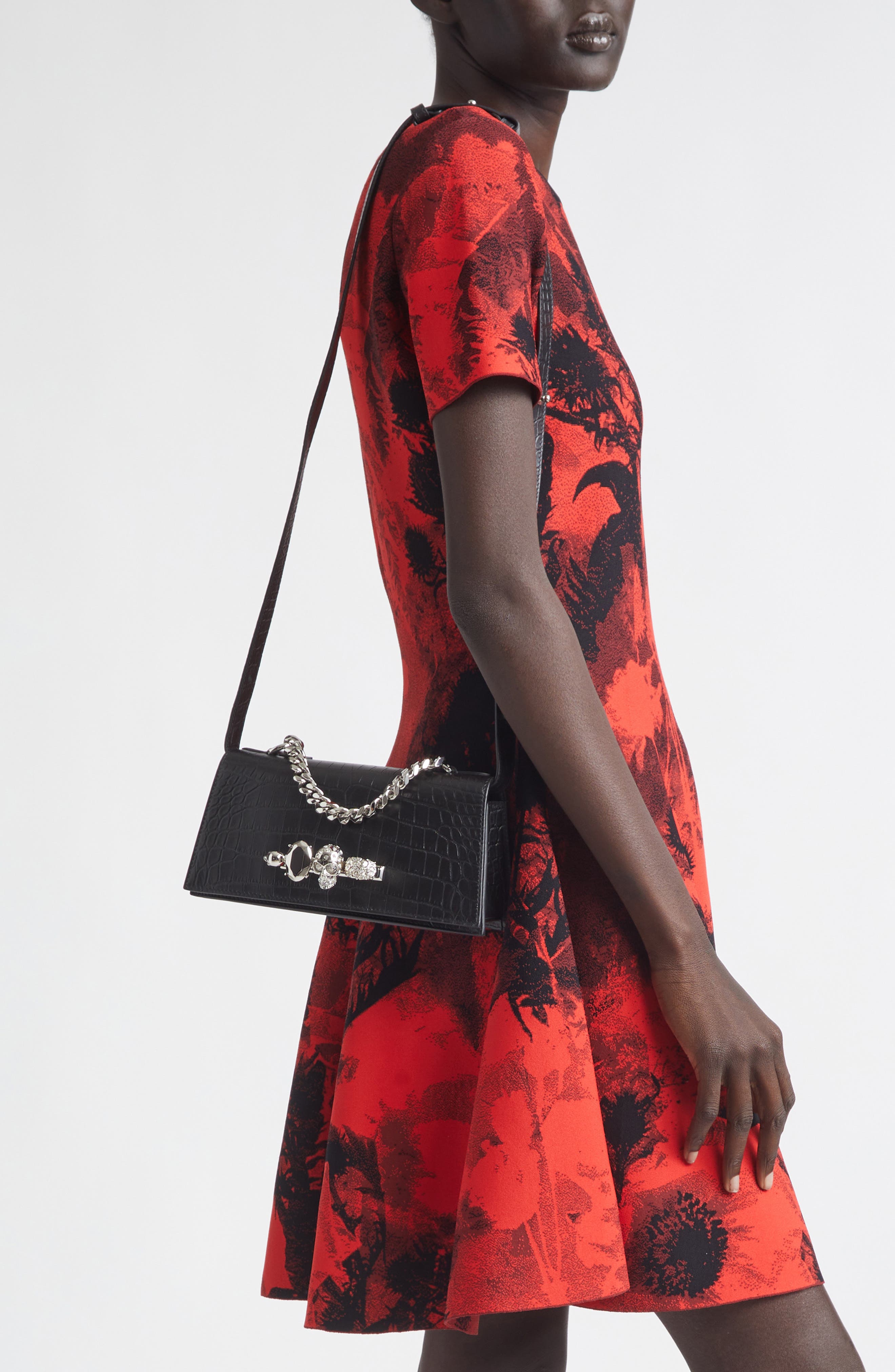 McQueen Mini Jewelled Shoulder Bag, Alternate, color, Black/ Silver