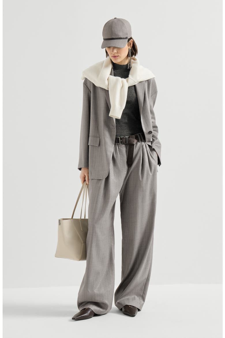 Sparkling virgin wool pinstripe track trousers with monili, Alternate, color, Silver