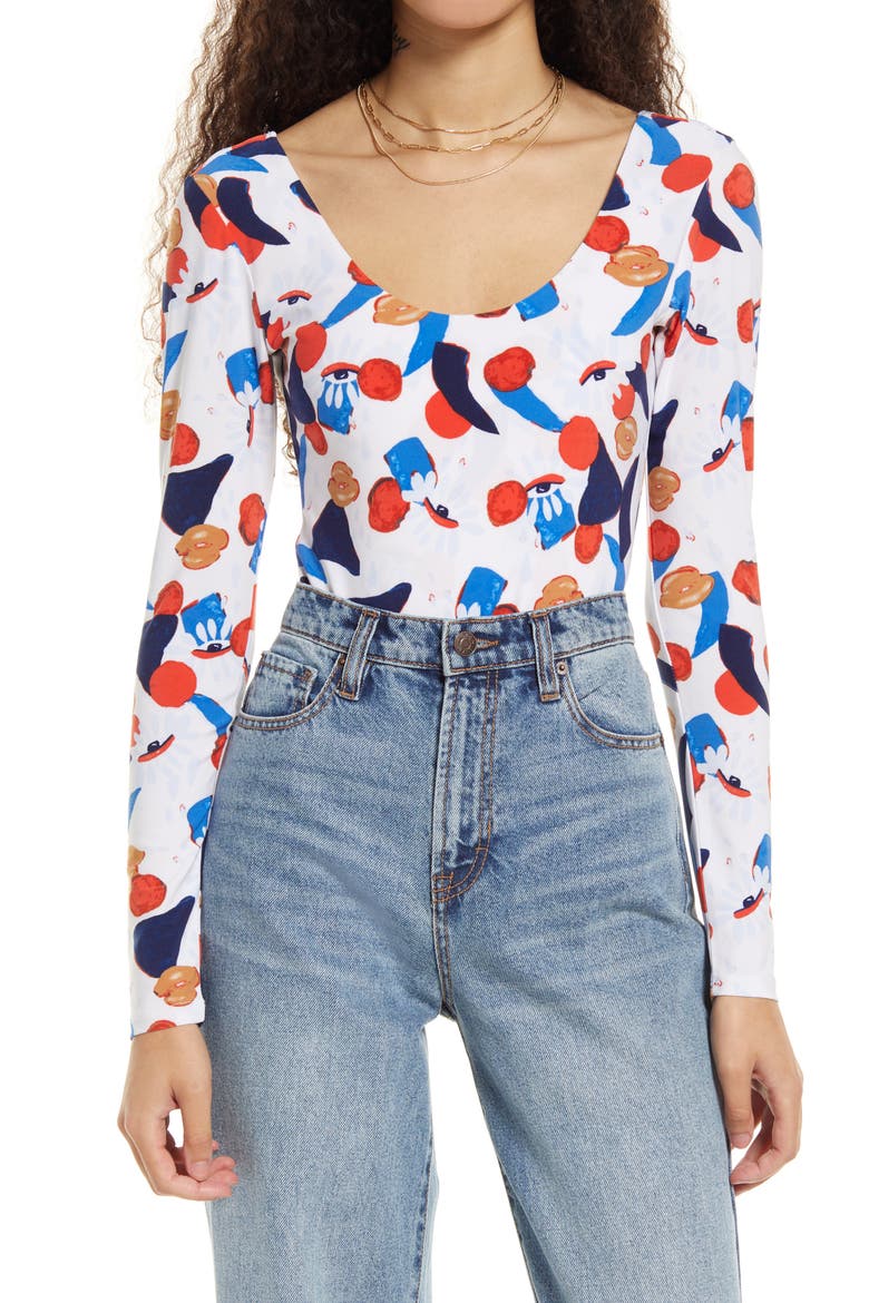Cristina Martinez Scoop Neck Bodysuit, Main, color, WHITE FALLING GEO