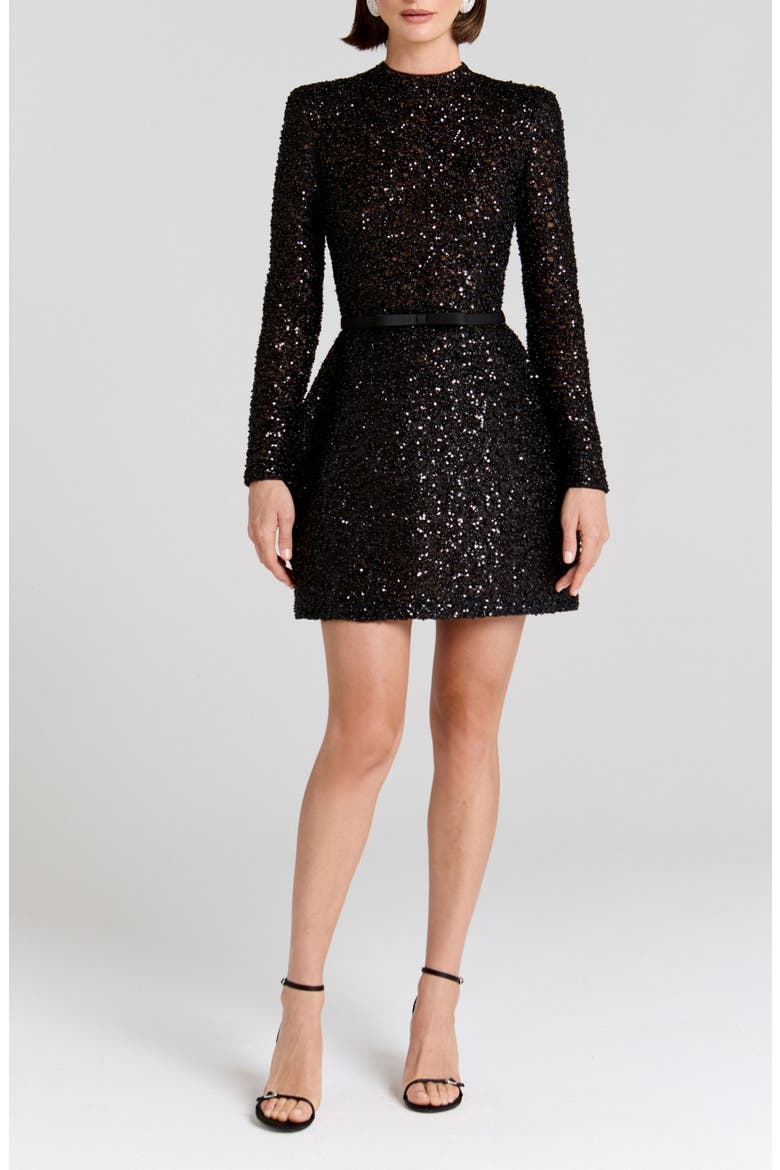 Edie Long Sleeve Sequin Cocktail Dress, Main, color, BLACK