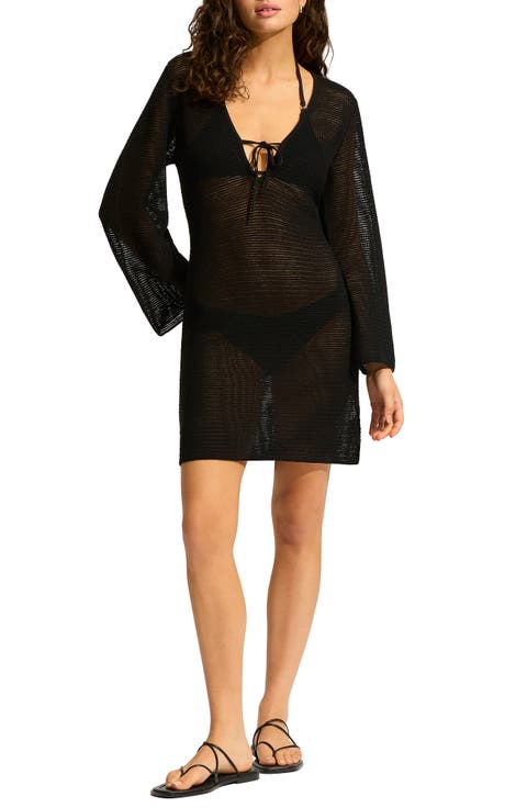 Mesh Long Sleeve Cover-Up Dress