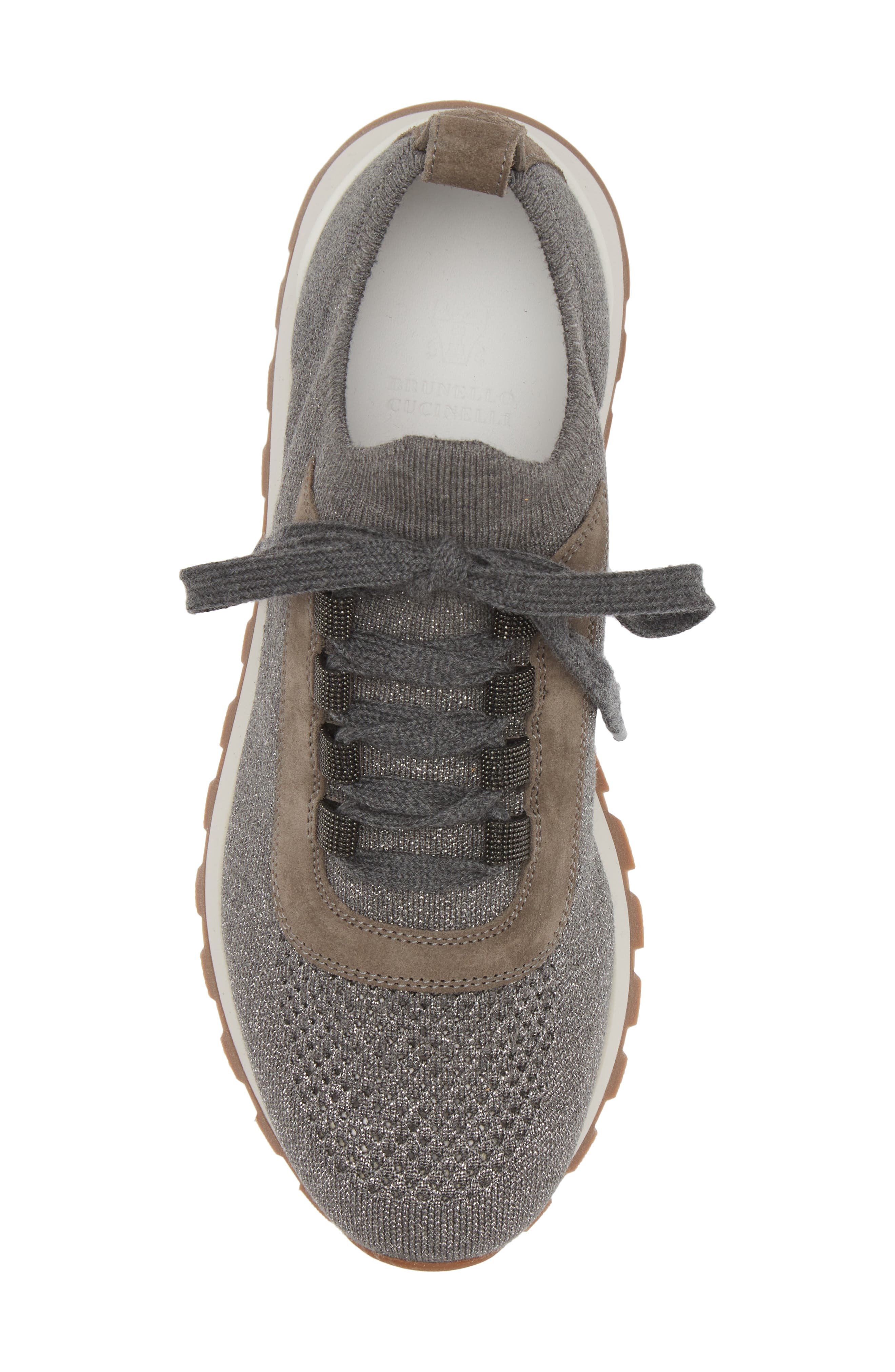 Brunello Cucinelli Monili Metallic Knit Lace-Up Sneaker, Alternate, color, Grey