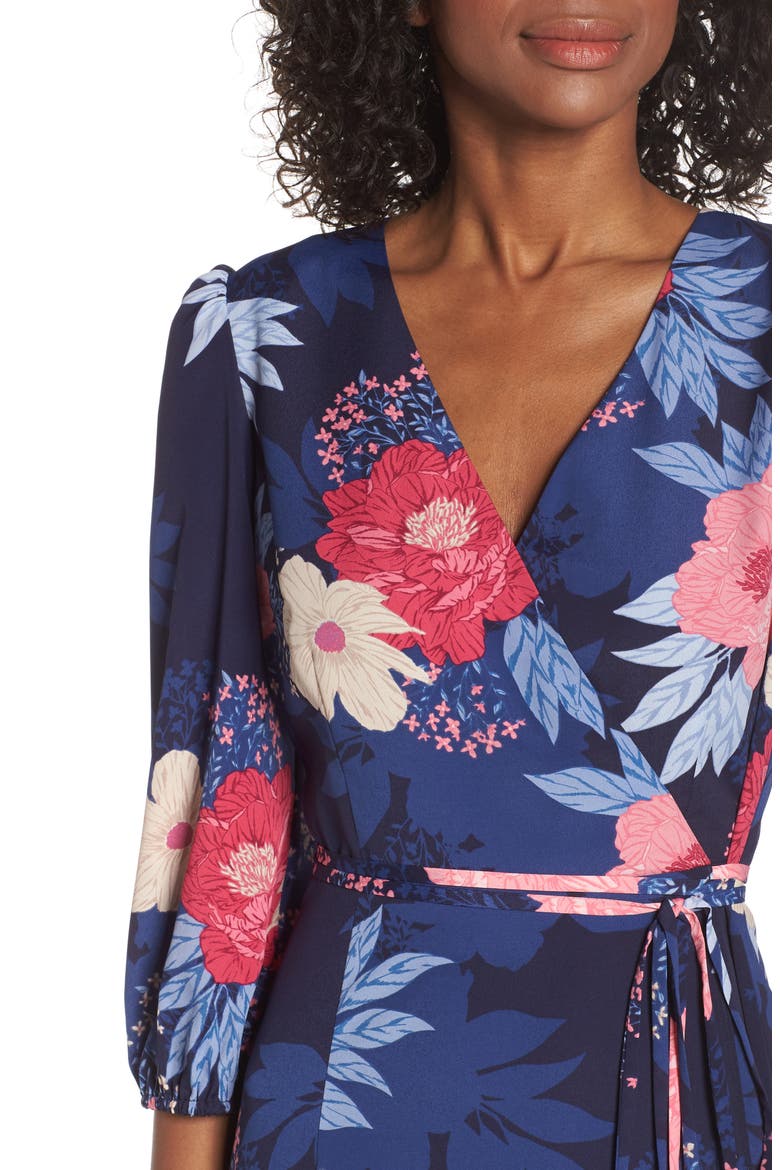Floral Print Faux Wrap Midi Dress, Alternate, color, NAVY
