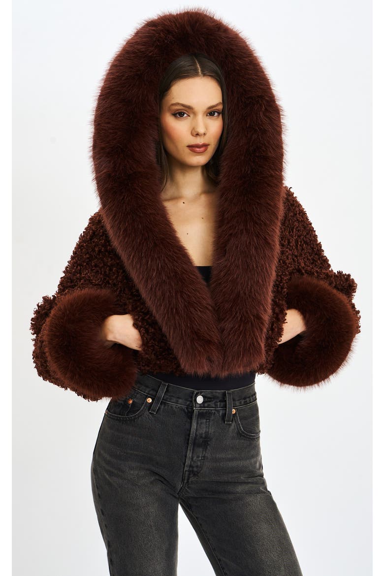 Cropped Kali Vegan Shearling Fur Hooded Jacket, Main, color, Mahogany