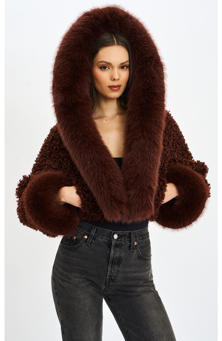 Miss Circle Cropped Kali Vegan Shearling Fur Hooded Jacket, Main, color, Mahogany