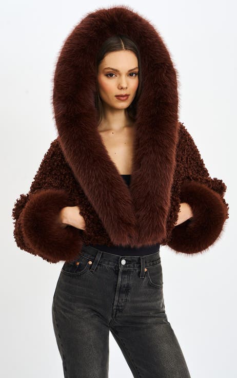 Cropped Kali Vegan Shearling Fur Hooded Jacket