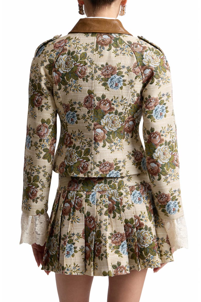 Shrunken Floral Tapestry Blazer with Faux Leather Collar, Alternate, color, TAUPE FLORAL MULTI